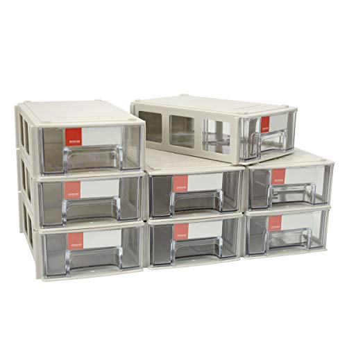 ZIIYAN Set of 8 Plastic Desktop Stackable Modular Craft Small Parts Hardware Drawers Organizer Containers Cabinet Storage Boxes with Compartments