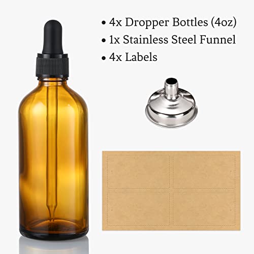 AOZITA 4 Pack, 4 oz Dropper Bottles with 1 Funnel & 4 Labels - Essential Oils Bottles for Health, Personal Care & Beauty - 120ml Thick Dark Amber Glass Tincture Bottles with Eye Droppers, Leakproof4