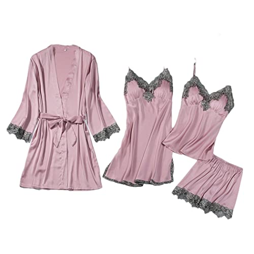 Ensemble chemise de nuit grise dentelle femme col V rose taille L