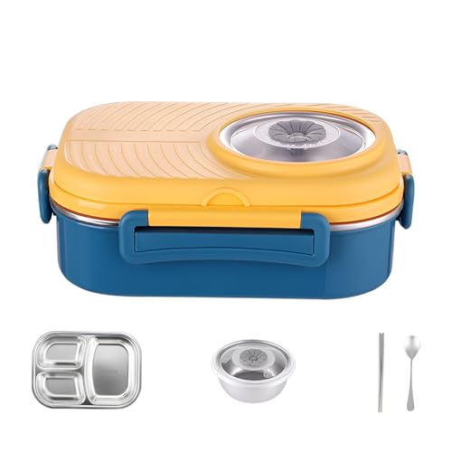 Accmuzzy 1100ml/38.7Oz Stainless Steel Bento Lunch Box with Compartments for Kids, Toddlers and Adults - Hot Food Storage Container with Cutlery, Thermos (Blue&Yellow)
