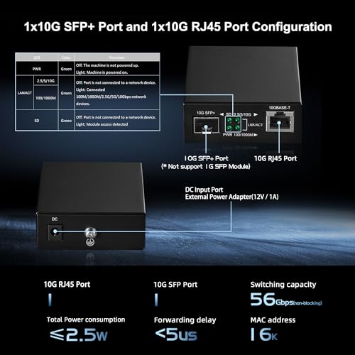 Image of 10G Fiber Media Coverter, 2 Port 10 Gigabit Binardat Ethernet Switch, 1 x 10G RJ45 Port, 1 x 10G SFP Port, Mini Metal Case Fanless, Unmanaged Plug and Play