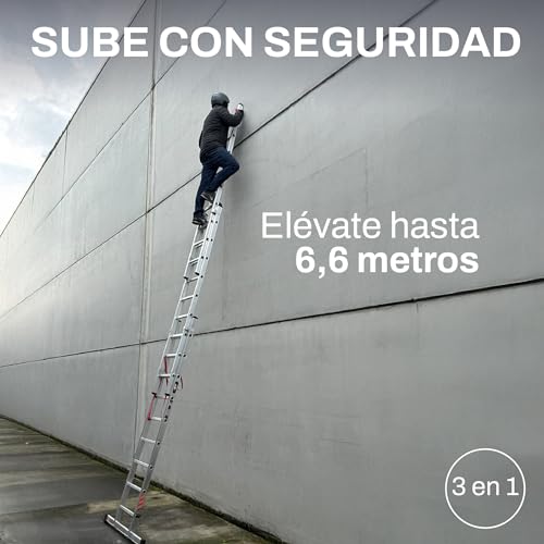 BTF Escalera de Mano Triple de Aluminio 3x9 Peldaños, Escalera Transformable y Extensible de 5,6m para Uso Doméstico, Barra Estabilizadora, Carga 150kg, Norma EN131