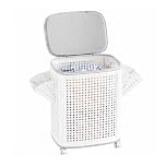 M.J COMFY-LIFE Laundry Basket with 360° Wheels and Lid Large Rolling Clothes Hamper with Built-in Storage Basket Ventilated Design for Laundry Room Bathroom Bedroom (With Sidebar)