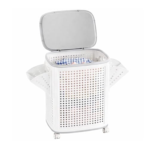 M.J COMFY-LIFE Laundry Basket with 360 Wheels and Lid Large Rolling Laundry Hamper with Built-in Foldable Sock Storage Basket and Ventilated Design for Laundry Rooms Bathrooms and Bedrooms White