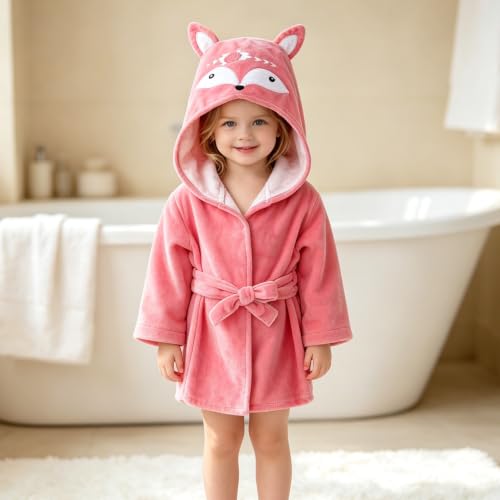 Image of Fox Baby Girl Bathrobes Cute Girl's Robe With Hood Pink Towel For Girls Soft Hooded Ultra Absorbent (Pink Fox)