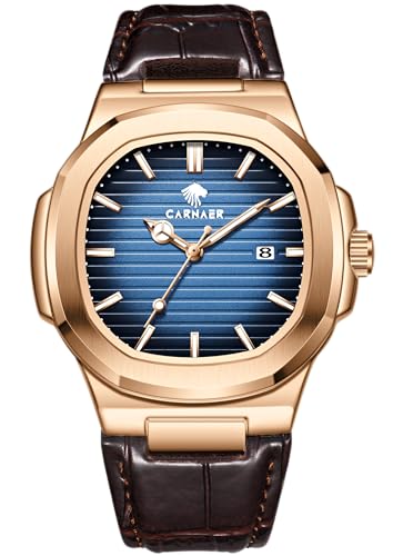 Image of Men Octagonal Rose Gold Luxury Watch for Boy Black Striped Dial, Date Display, Luminous Markers, 30M Waterproof, Leather Strap, Quartz Movement