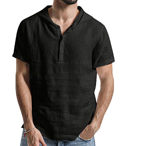 Rela Bota Mens Cotton Linen Shirts Short Sleeve Solid Hooded Henley Hoodie Sweatshirts Black XXL