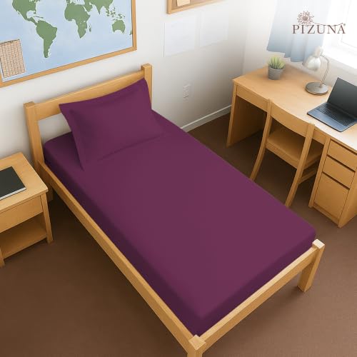 Image of Pizuna 100% Cotton Fitted Bedsheet Single Bed 400 Thread Count Long Staple Cotton Sateen Fitted Bedsheet 40x78 Inch with 1 Pillow Cover, Berry Plum Elastic Fitted Bedsheets Single Bed fits 12 Inch