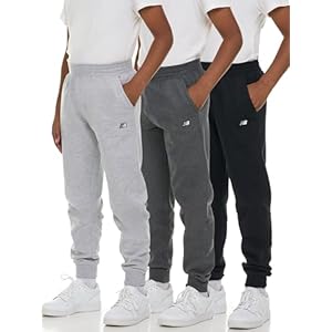 New Balance Paquete de 3 pantalones deportivos de forro polar de mezcla de algodón suave para niños con bolsillos, ajuste atlético, tallas 4-20