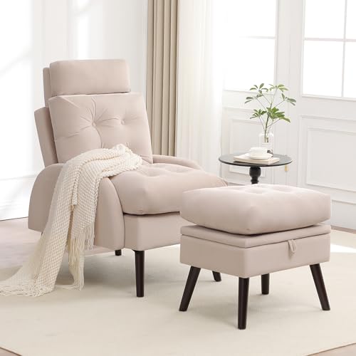 HCHAIRH Reading Chair with Ottoman Set, Accent Chair and Ottoman Storage and Adjustable Backrest,Modern Comfy Lounge Armchair for Living Room,Bedroom, Velvet Khaki