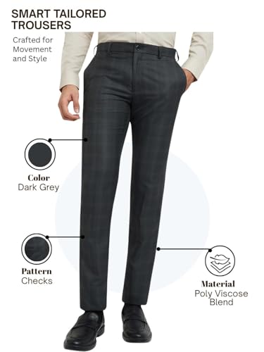 Image of Raymond Men Slim Fit Checks Pattern Polyester Blend Flat Front Formal Trouser