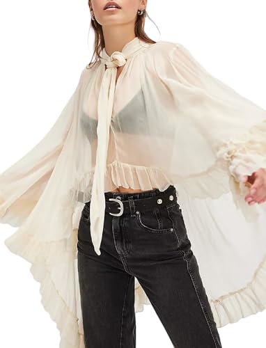 Seyumixi Women Long Bell Sleeve Frill Top See Through Sheer Mesh Blouse High Low Hem Ruffled Sexy Flowy Tops Shawl Shirt