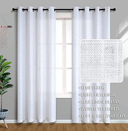 White Curtains 84 Inches Long For Living Room 2 Panel Set Antique Shabby Chic Grommet Privacy Light Filtering Semi Sheer Linen Cotton Curtains For Bedroom Window Drape Length Dining Farmhouse Decor #TOP1