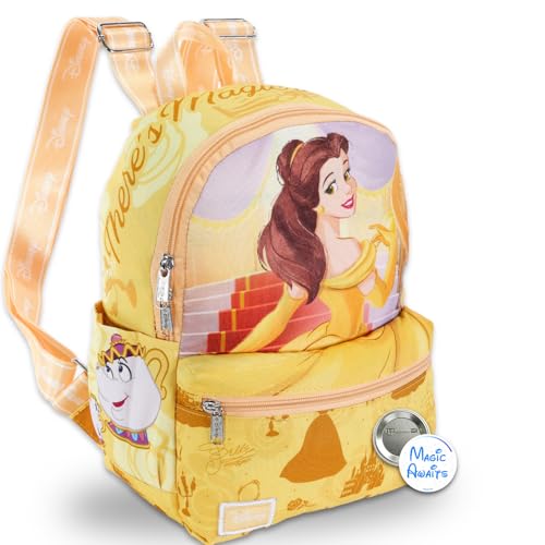 Disney Beauty and the Beast Mini Backpack for Women - 13 Princess Belle Backpack with Front Pocket Plus Button | Beauty and the Beast Backpack Purse Bundle
