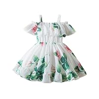 JiAmy Toddler Girls Summer Dress Floral Off Shoulders Chiffon Ruffle Hem Kids Party Princess Casual Dresses for 2-3T, White