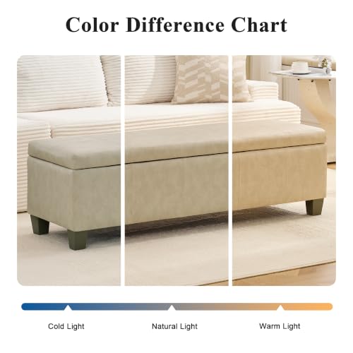 Image of 51 Inch Storage Ottoman, Storage Bench with Safety Hinge, Upholstered Synthetic Leather Ottoman Bench for Bedroom, Living Room, Entryway, Hallway, Foot Rest, Support 500lbs