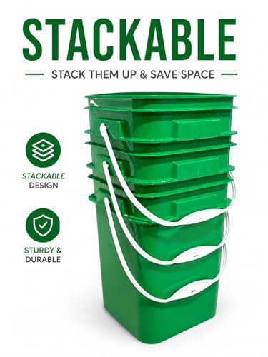 Image of House Naturals 4 Gallon Square Food Grade Bucket Pail with Plastic Handles and Lid (Pack of 3) Made in USA containers (Green)