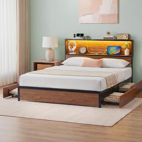 Image of Zinus Kai Platform Bed Frame, Four Underbed Storage Drawers, King | Two-Tier Headboard for Space-Saving Storage, Mood Setting RGB LED Lights, Built-in USB Charging Station, Ambient Night Light