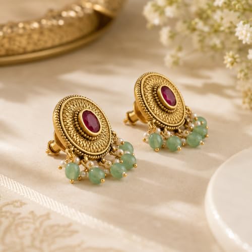 Image of Sayda JewelsGold Plated Antique Traditional Jhumka Earring Indian ethnic Temple design studs Chandbali Style Bridal, Wedding & Festive Jewellery For Women & Girls