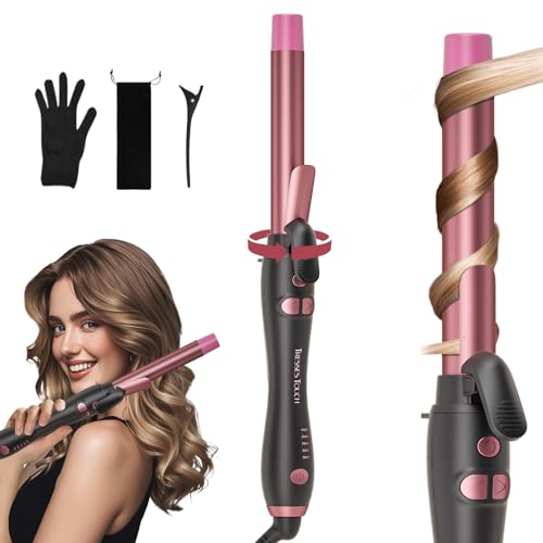 Rotating Hair Curler Curling Wand with Short Clamp, Automatic Curling Tongs 1 Inch Creates Loose Curls for Medium and Long Hair, Extra-Long Barrel Curling Iron Double Ceramic, Dual Voltage, Rose Gold