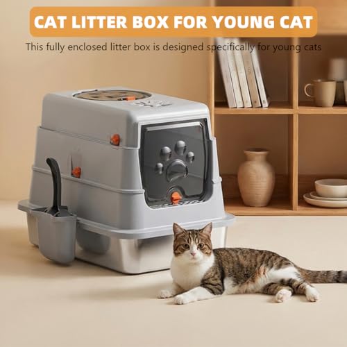 Image of Qpets Cat Litter Box (Covered & Enclosed Design) with Stainless Steel Tray, Front & Top Entry Cat Toilet, Odor Control, Litter Scoop Included, 50 x 35 x 38 cm