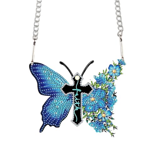 Image of DIY 5D Diamond Painting Hanging Kit, Blue Butterfly Cross Faith Acrylic Pendant Ornament, Religious Special Shaped Diamond Art for Adults, Wall, Door, or Garden Decor Craft Gift