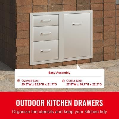 Happybuy Outdoor Kitchen Combo 29.5" W x 22.6" H x 21.7" D, Access Door & Triple Drawers with Propane Drawer and Adjustable Garbage Ring, Perfect for BBQ Island or Patio Grill Station