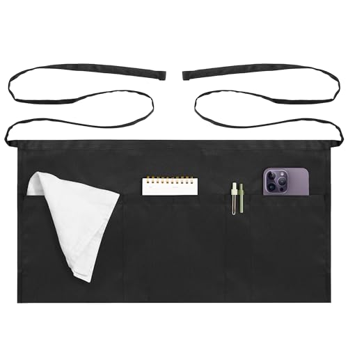 Syntus Server Apron with 4 Pockets Waitress Waist Apron Black 1 Pack