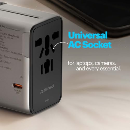 Image of Stuffcool Jetset Pro Smallest 70W GaN International Travel Adapter with 4 USB Ports EU UK USA AUS Plugs SFC 2.0 Charges MacBook Laptops iPhones in 200 Countries