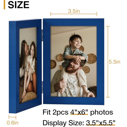 decorUhome Double 4x6 Picture Frame Vertical, Engineered Wood Bifold Photo Frame with Plexiglass for Tabletop Display, 4x6, Royal Blue