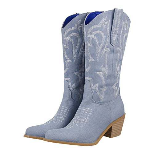 richealnini Women's Cowgirl Cowboy Boots Pull On Tab Embroidered Mid Calf Booties Western Boots in Denim
