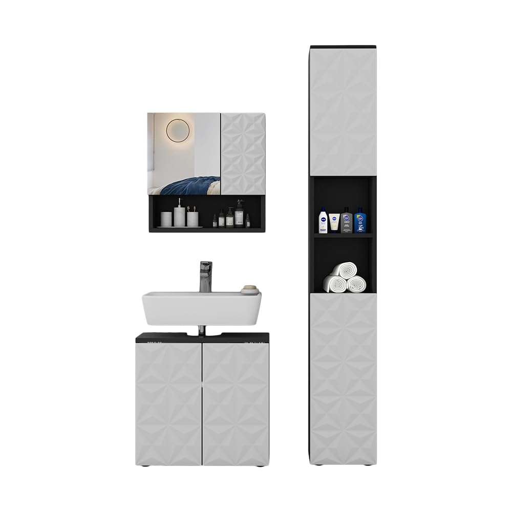 Vicco Conjunto de Muebles de baño Edge, Negro, 60 cm | compuesto por mueble bajo lavabo, espejo con armario y columna de baño