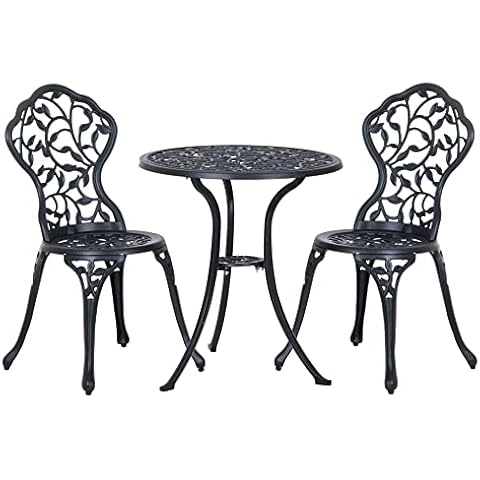 Outsunny Bistroset 3-TLG. Gartenset aus Aluminiumguss Balkonset Balkonmöbel Set Bistrotisch mit 2 Stühlen Gartenmöbel Schwarz Cover