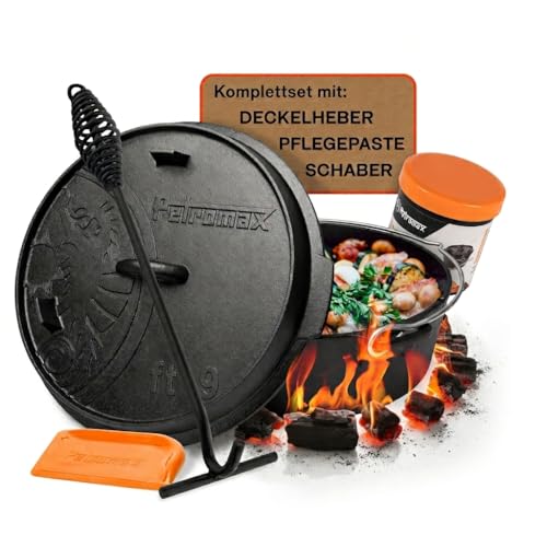 Petromax Feuertopf ft9-t Einsteiger-Set - Dutch Oven mit planen Boden inklusive Deckelheber Pflegepaste und Schaber - für alle Grillarten und offenes Feuer - 7 5 Liter