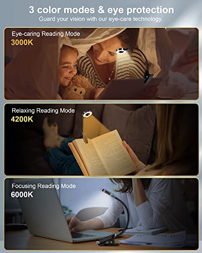 Image of Book Light for Reading in Bed,Rechargeable LED with Stepless Brightness & 3 Color Temperature, Easy Clip On Lamp at Night Bed Bookworms,Students，Black