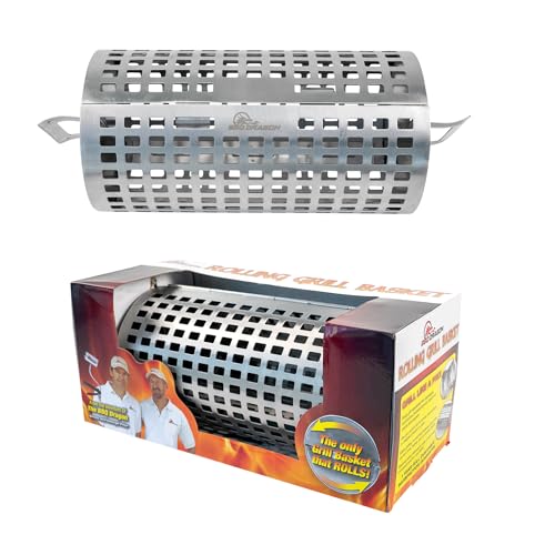 BBQ Dragon Rolling Grill Basket – Large Stainless Steel with Snap-Close Lid, Dishwasher Safe for Vegetables, Fish, and Meat