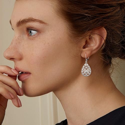 925 Sterling Silver Teardrop Dangle Earrings for Women Cubic Zirconia Leverback Filigree Drop Dangle Earrings Jewelry Hypoallergenic Silver Teardrop Filigree Earring for Gifts3
