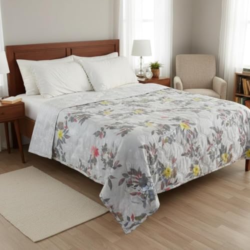 Image of 220 GSM 100% Cotton Microfibre Reversible Comforter AC Blanket for Summer /Winter /Quilt Soft Breathable Floral Print Duvet Single /Double Bed (Off White Yellow, Double Bed(230X250 CM))