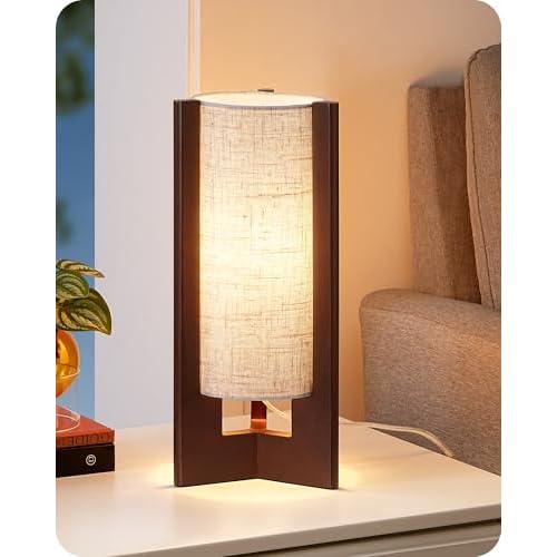 EDISHINE 13.5" Small Table Lamp, Walnut Wood Cylinder Nightstand Lamp for Bedroom, Beige Linen Shade, Corner Modern Bedside Lamp for Living Room, On-Off Line Switch, E26 Base (Bulb Not Inclu
