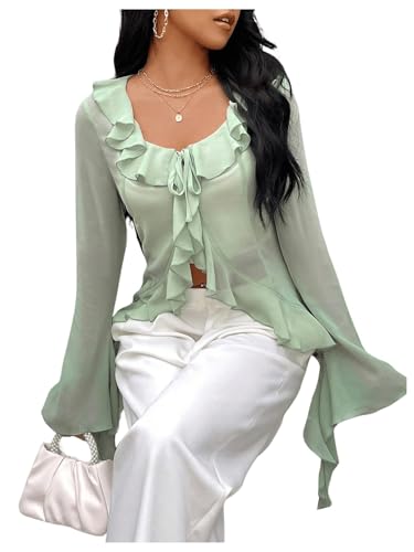 WDIRARA Women's Tie Front Ruffle Sheer Blouse Long Flare Sleeve Going Out Tops Shirt2