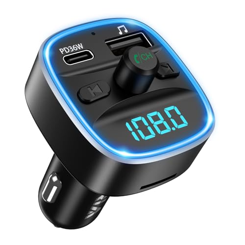 ORIA Transmisor FM Bluetooth 5.3, Adaptador de Radio Inalámbrico para Automóvil con Carga Rápida PD 36W, Retroiluminación LED, Llamadas Manos Libres, Compatible con Bluetooth, Tarjeta TF, Memoria USB