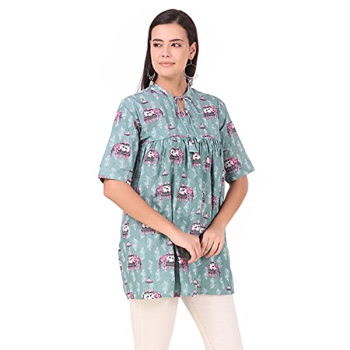 Image of Soulful Threads Women Powder Blue Printed Cotton Kurti (ST152962)