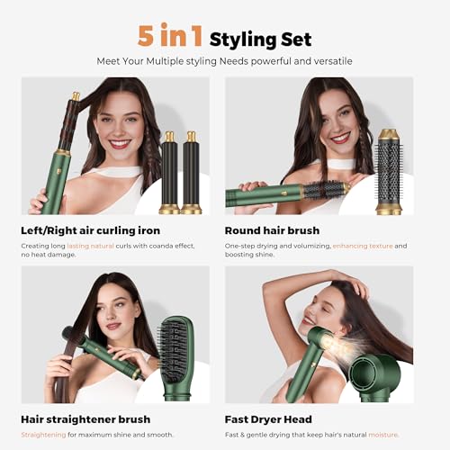 Image of Blow Dryer Brush Set 5 in 1, Hot Air Styler Negative Ionic Low-Temp Hair Care Air Curling Wrap, Round Brush Dryer & Curling Iron for Dry Volumize Straight Curl, 100-120V