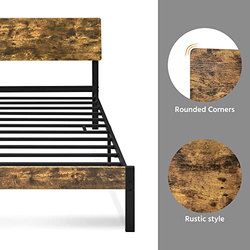 Yaheetech Metal Platform Bed Frame Twin With Wood Headboard And Iron Slats, Rustic Country Bed Base With Mattress Foundation/Strong Slats Support/12 Inch Underbed Storage/No Box Spring Needed, Brown #TOP4