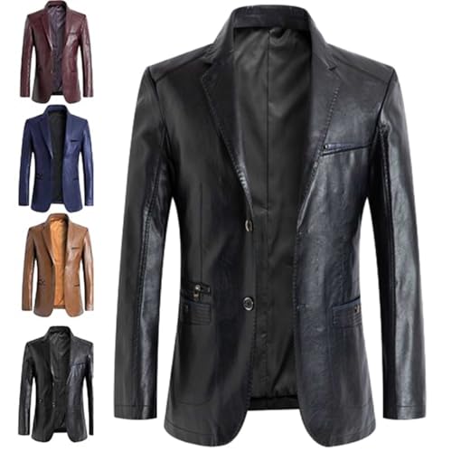 GAGFDA Veste blazer en cuir pour homme, coupe régulière en peau d'agneau, manteau d'affaires, à boutons avec doublure, style moto avec plusieurs poches,...