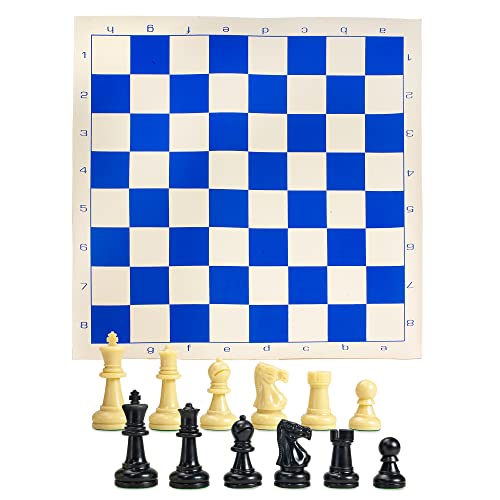 Sterling Games Extra Large 20" x 20" Roll Up Chess Mat and Pieces Set, Standard Tournament Chess Set with Blue Vinyl Portable Travel Mat and Single Weight Chess Pieces
