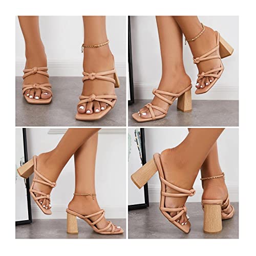 Image of LAICIGO Womens Chunky Block Heels Sandals Square Open Toe Slip on Slides | 3.5In-High Heeled Sandals, Double Knot Strap, Summer Dress Shoes, Work Casual, Vacation, Party