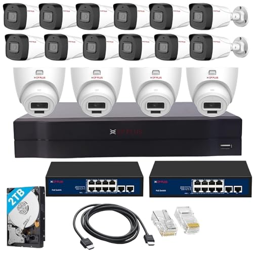 Image of CP PLUS 16 channel FULL HD NVR with 12x OUTDOOR and 4x INDOOR 2 MP Built-in Audio Mic wired IP CCTV Cameras, Motion Detection, 2x 8 Port PoE, 2TB HDD, RJ45 Connector, [CAT6 Cable not included] - White