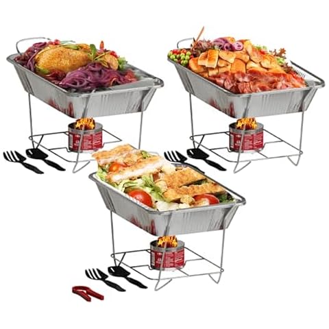 Alpha Living Disposable Chafing Dish Buffet Set, Food Warmers for Parties, 6hr Fuel Cans Complete Set, Half Size Pans, Warming Trays (3 Pack) Cover