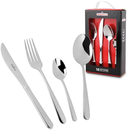 MAGEFESA VERA Cubertería de 16 Piezas Fabricada en Acero Inoxidable, 4 Comensales y Formada por Cuchillos de Mesa, Tenedores, Cucharas y Cucharillas
